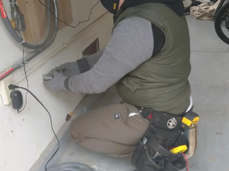 Electrician performing outlet wiring in a Kirkwood garage
